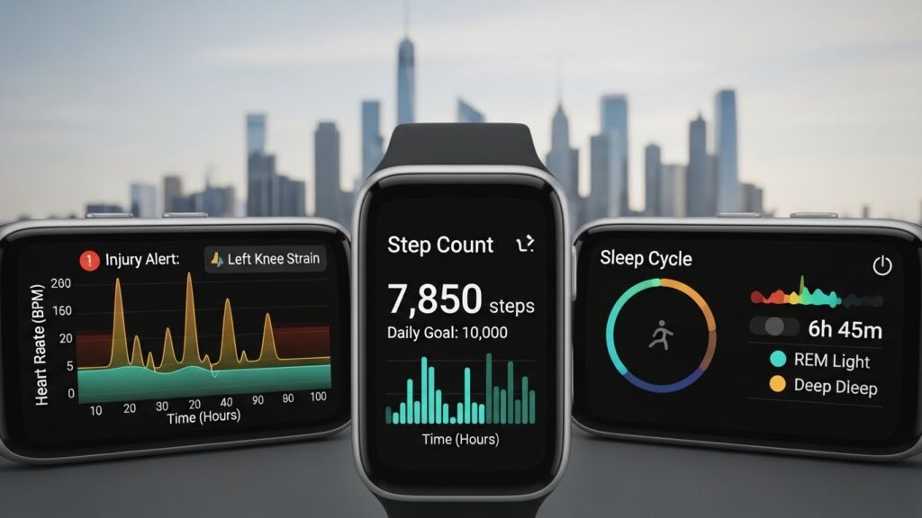 Charts and wearable device screens illustrating continuous tracking and long-term injury impact