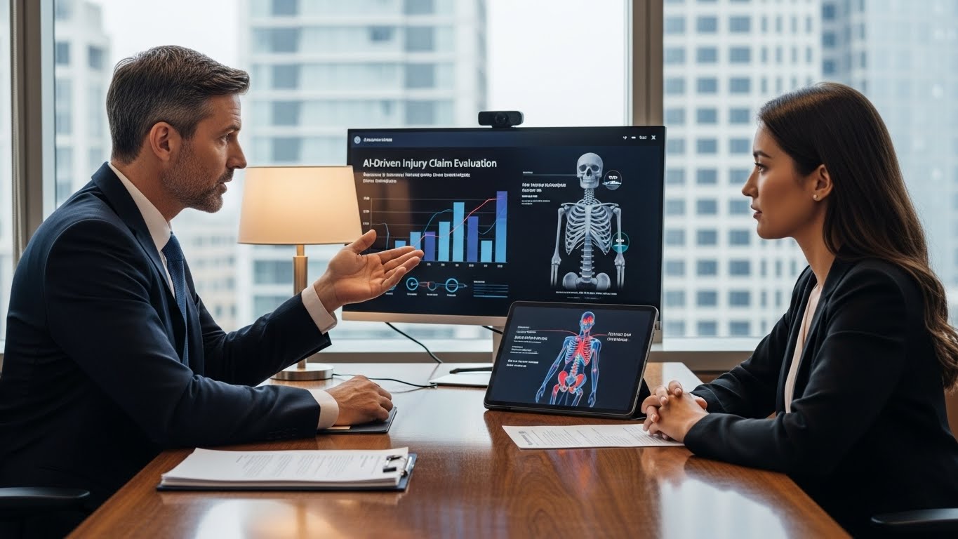 Client consulting lawyer about AI-driven personal injury claim evaluation