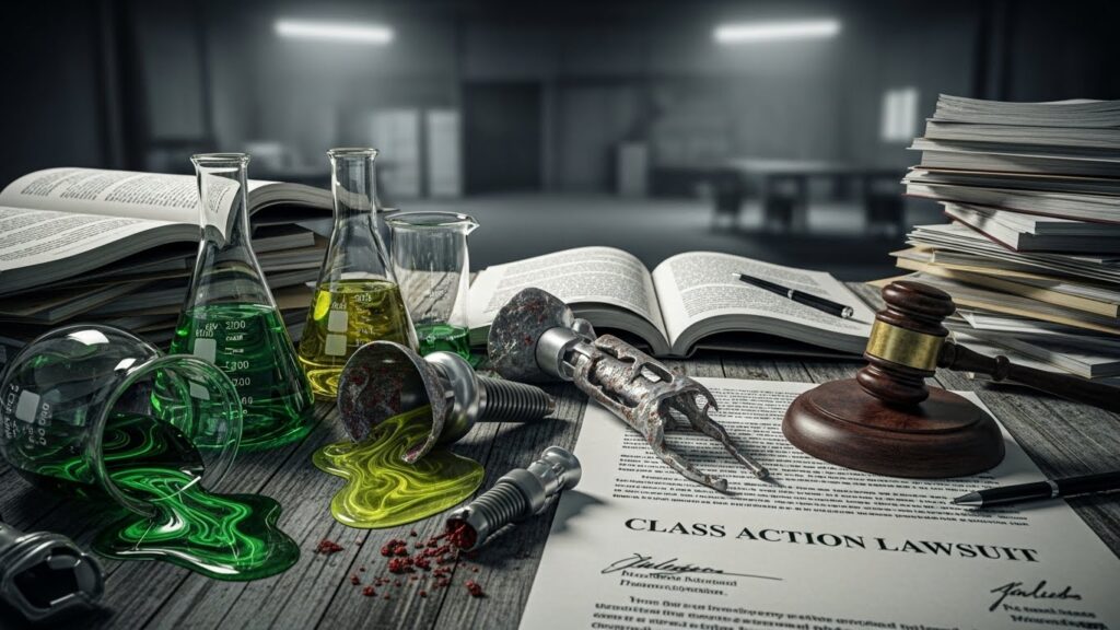 Depiction of toxic chemicals, defective medical devices, and legal documents representing mass tort cases