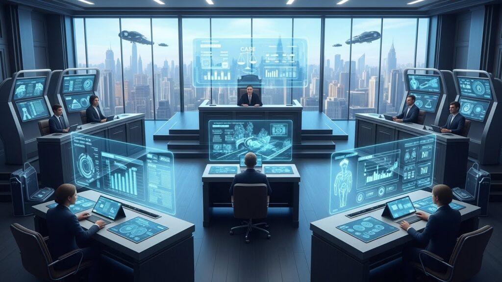 Futuristic digital courtroom showing the evolution of personal injury legal processes