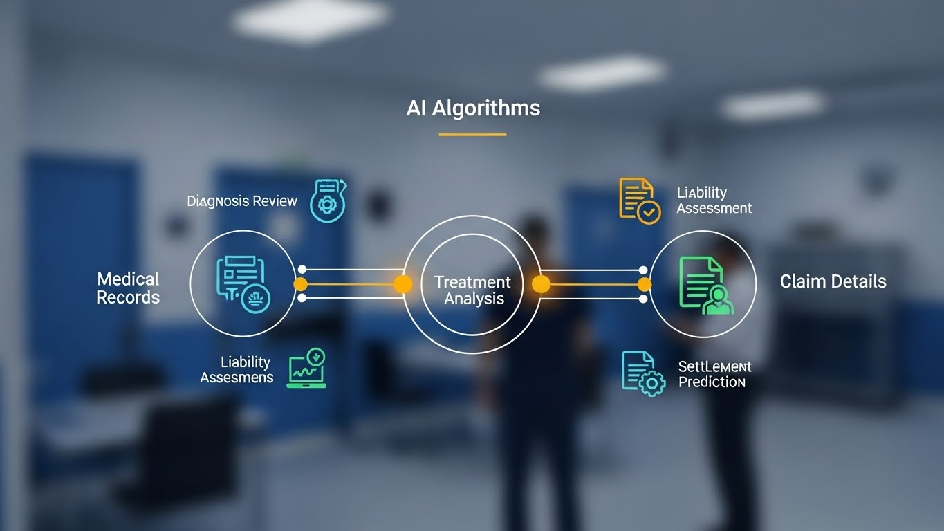 Graphic showing AI algorithms reviewing medical records and claim details for personal injury cases