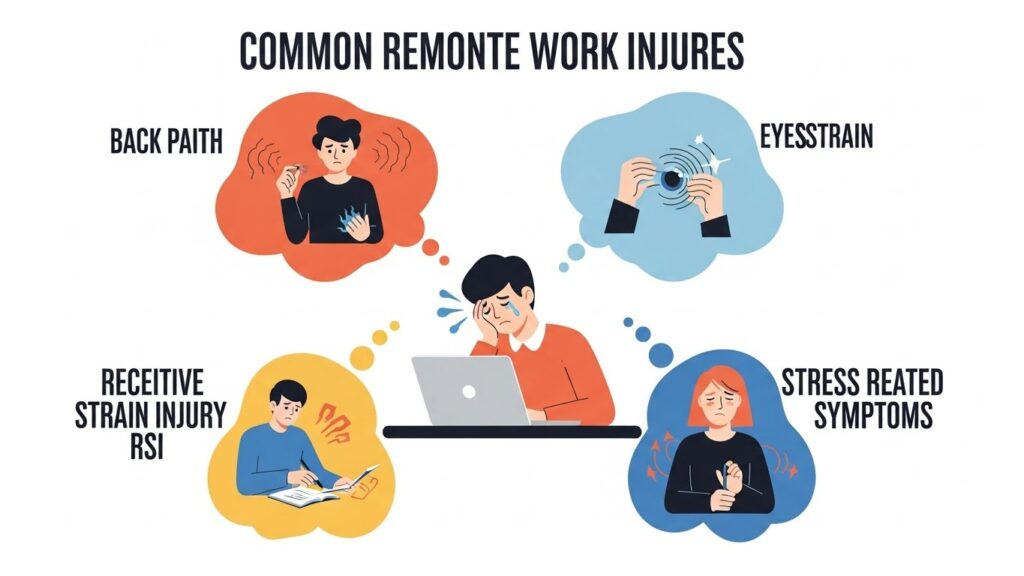 Graphic showing common remote-work injuries back pain, eye strain, RSI, and stress-related symptoms
