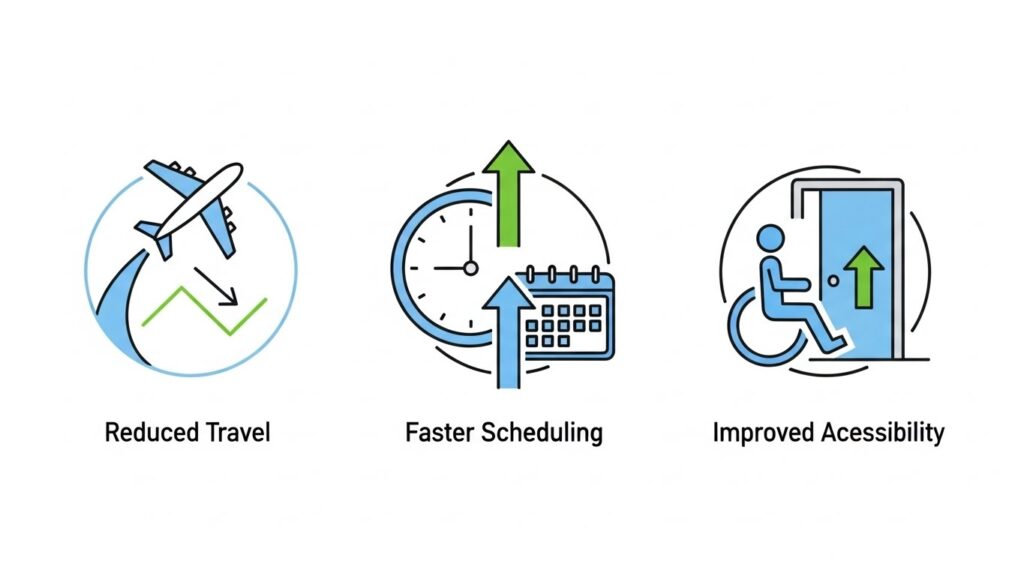 Icons showing reduced travel, faster scheduling, and improved accessibility