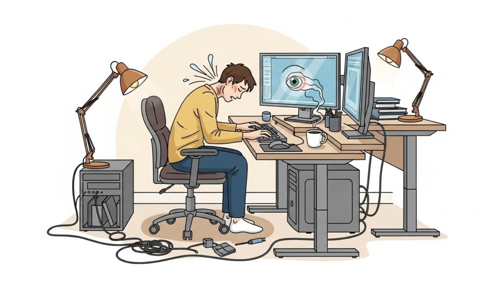 Illustration of a home office setup with potential ergonomic hazards causing injury