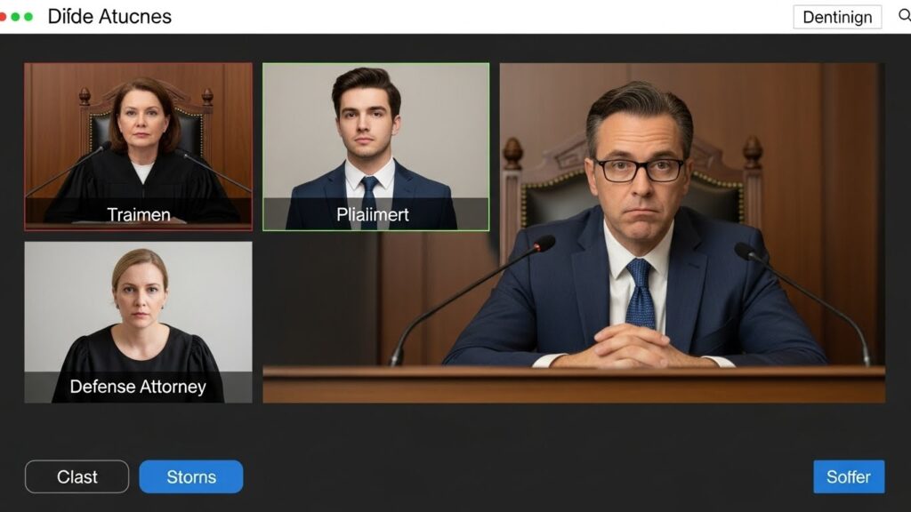 Illustration of a modern virtual courtroom interface used in personal injury cases