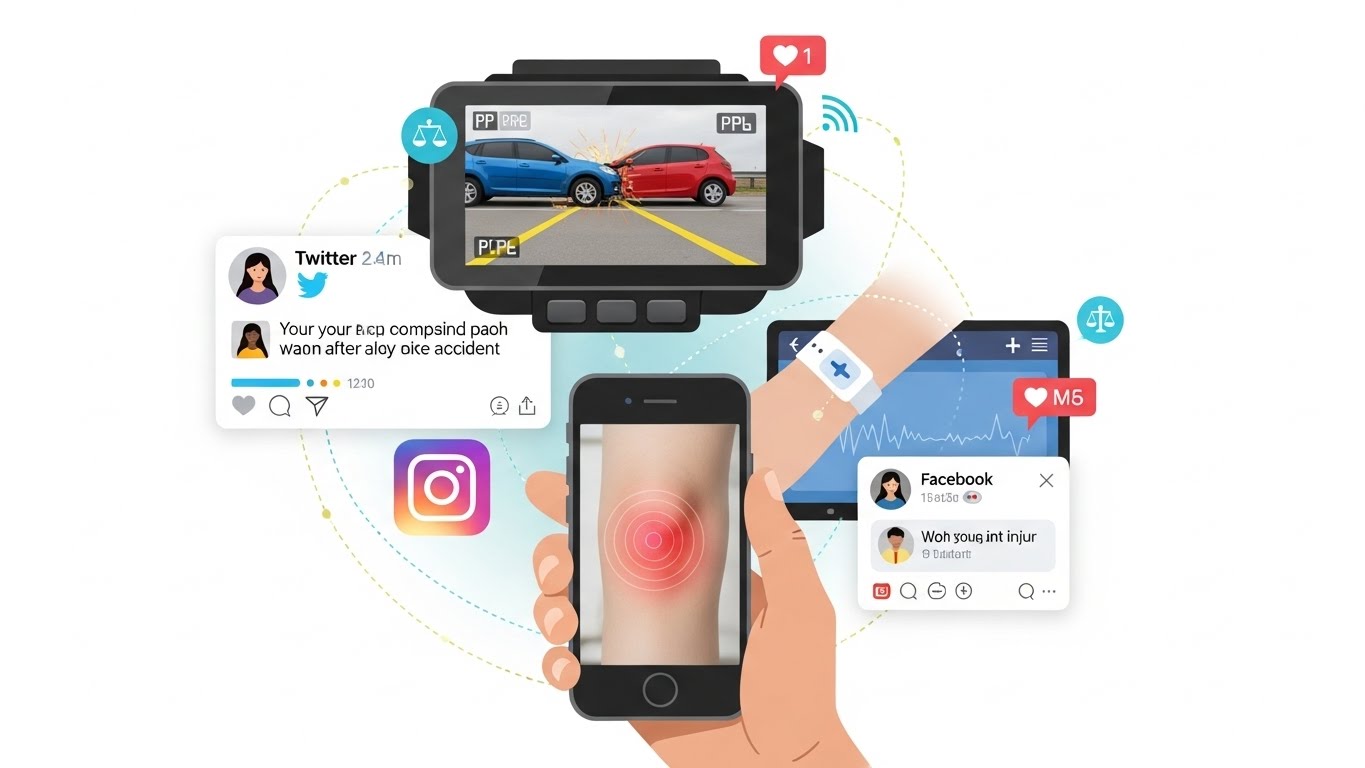 Illustration of dash cams, smartphone photos, and social media posts used as evidence in injury claims