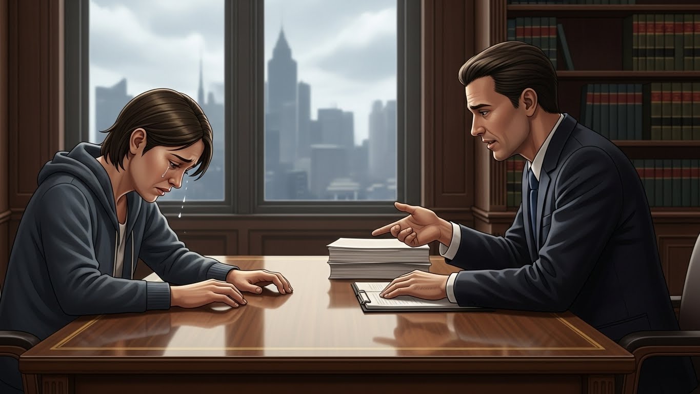 Illustration showing a person experiencing emotional trauma while consulting a lawyer for personal injury claims