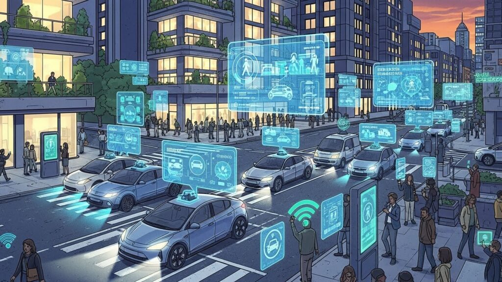 Illustration showing autonomous and rideshare vehicles on city streets with digital data overlays