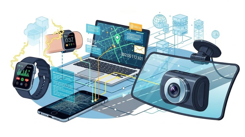Illustration showing digital evidence such as dash cams, wearables, and metadata