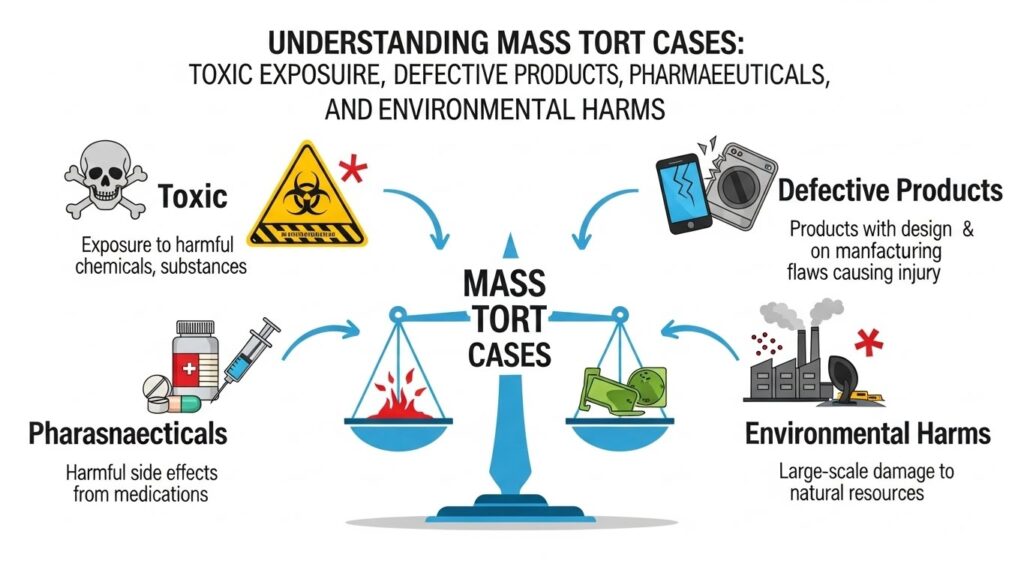Infographic showing toxic exposure, defective products, pharmaceuticals, and environmental harms in mass tort cases