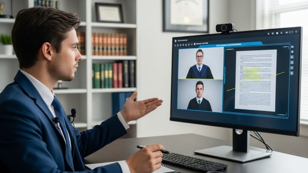 Lawyer presenting digital evidence during a remote hearing