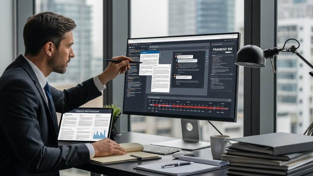Lawyer reviewing digital evidence and privacy compliance for a personal injury case