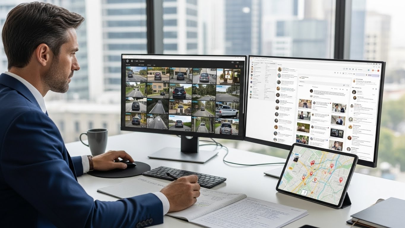 Lawyer reviewing digital evidence from dash cams and social media for personal injury case