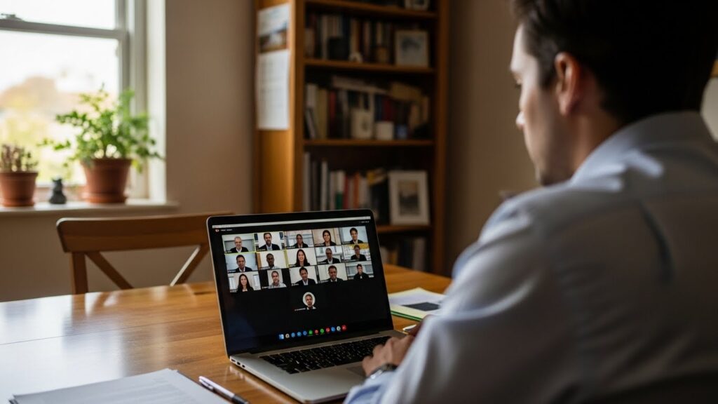 Person attending a remote court hearing from a laptop at home
