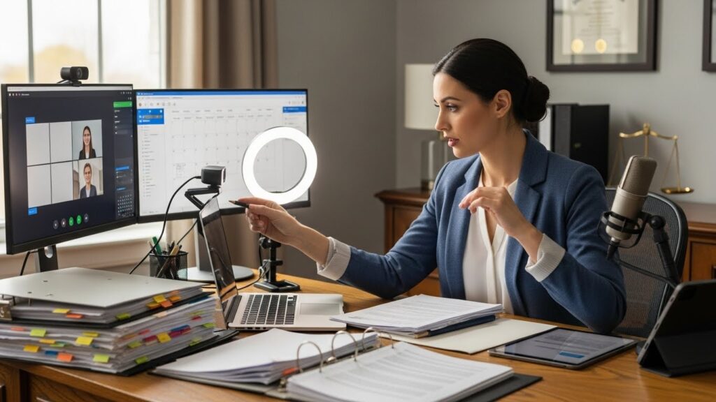 Plaintiff organizing documents and testing equipment for a virtual court session