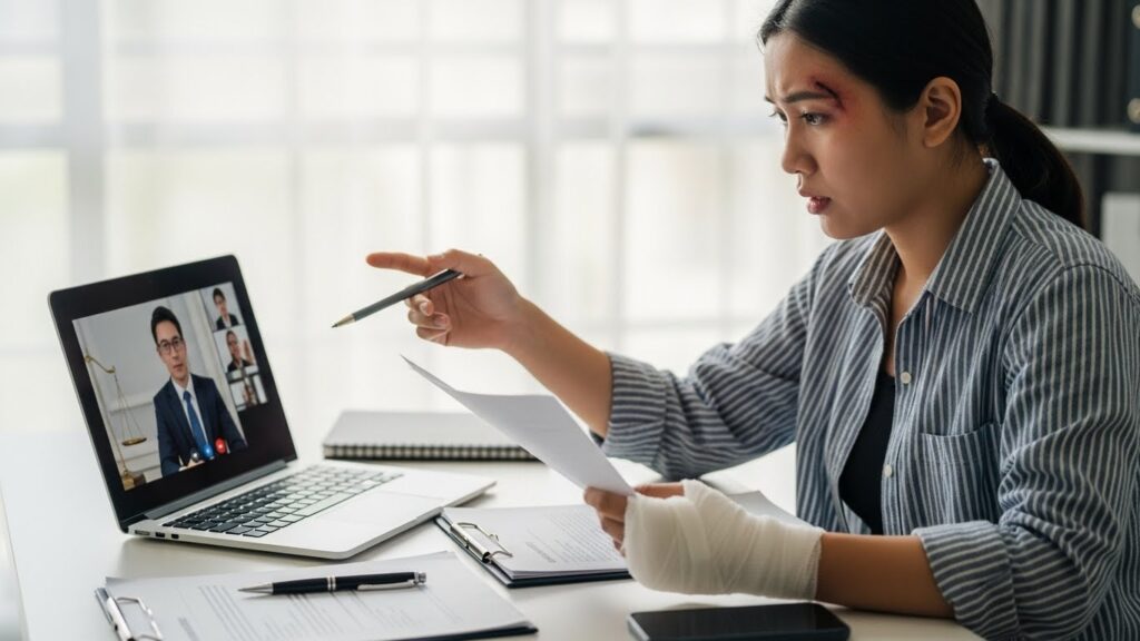 Remote worker documenting injuries and consulting a lawyer for workplace injury claims