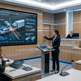 A legal professional presenting an AI-verified accident reconstruction of an intersection collision on a large digital screen in a courtroom, featuring data sources like LiDAR point clouds and telematics.