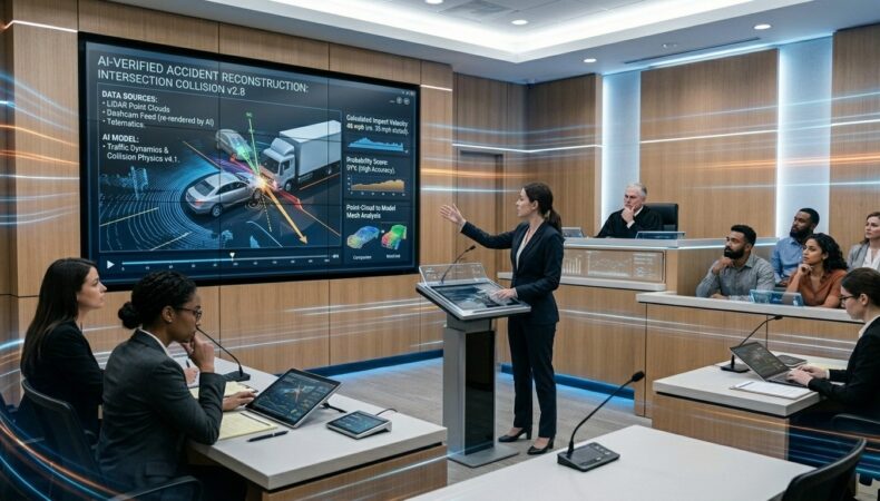 A legal professional presenting an AI-verified accident reconstruction of an intersection collision on a large digital screen in a courtroom, featuring data sources like LiDAR point clouds and telematics.