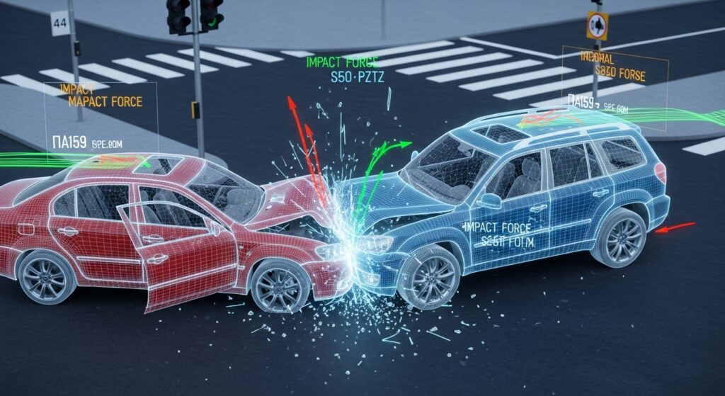 AI reconstructing a car accident scene using digital simulation technology