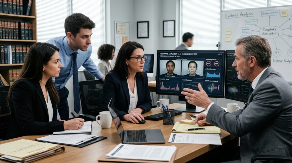 A team of four legal professionals in a modern office analyzing a "Deepfake Analyzer" report on a computer screen, with a whiteboard in the background detailing "Evidence Analysis" and "Deepfake Admissibility" workflows.
