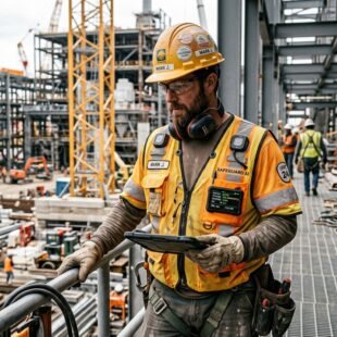Worker wearing AI safety wearable monitoring fatigue and posture in industrial workplace