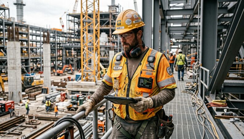 Worker wearing AI safety wearable monitoring fatigue and posture in industrial workplace