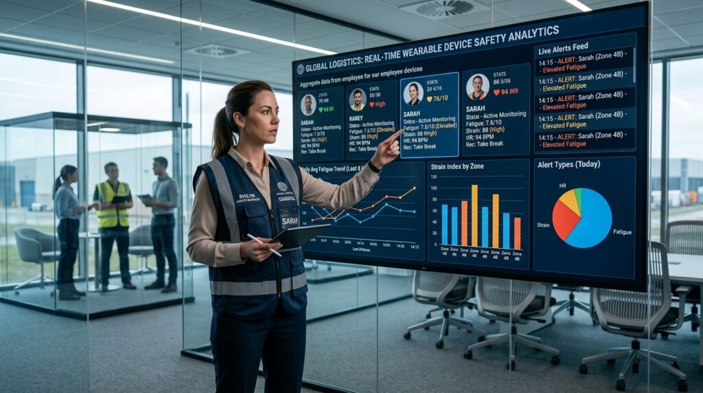 Employer monitoring worker safety data dashboard from wearable devices