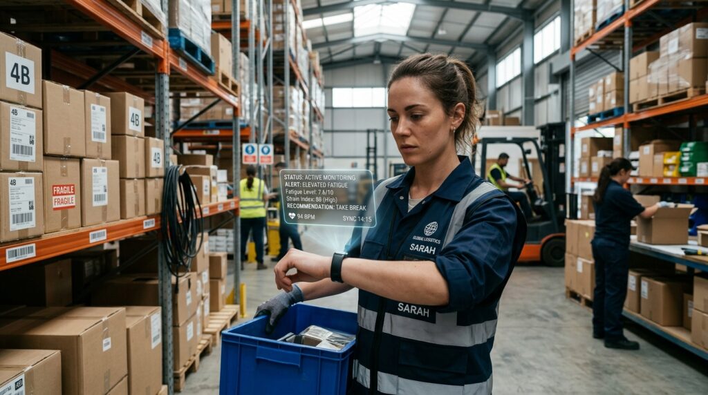 AI wearable device tracking worker fatigue in warehouse environment