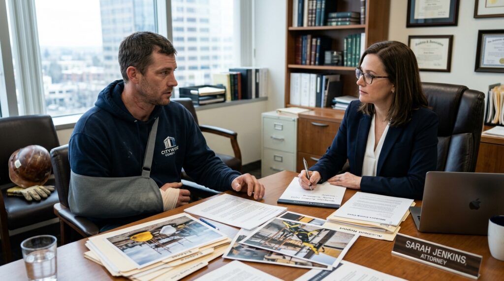 Injured worker consulting lawyer after workplace safety device failure