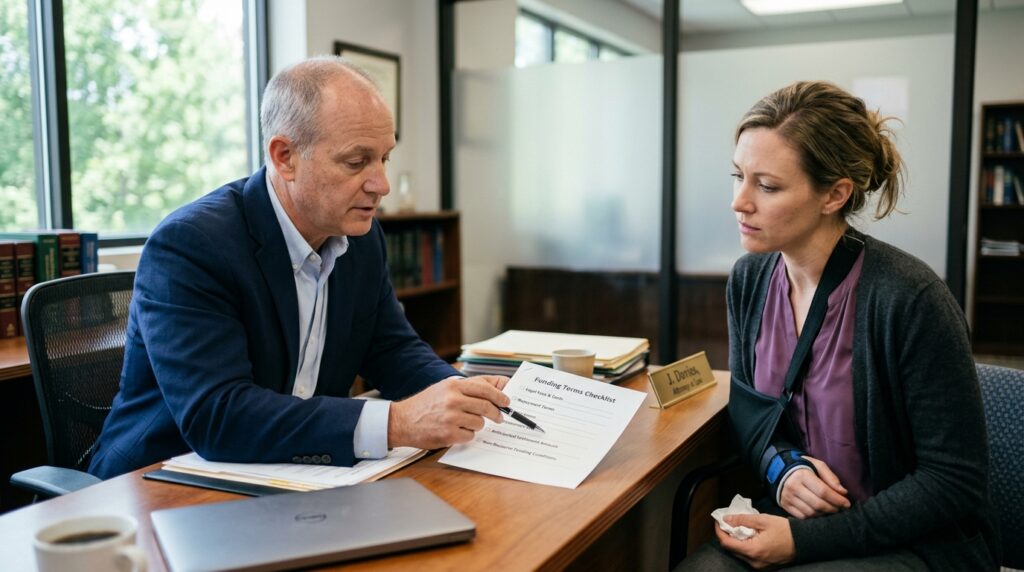 Lawyer explaining pre-settlement funding risks and repayment terms