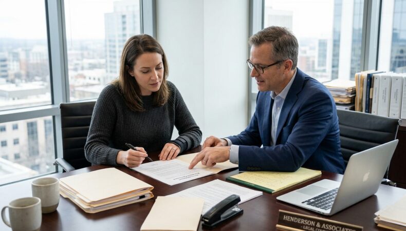 Personal injury client reviewing a pre-settlement funding agreement before signing
