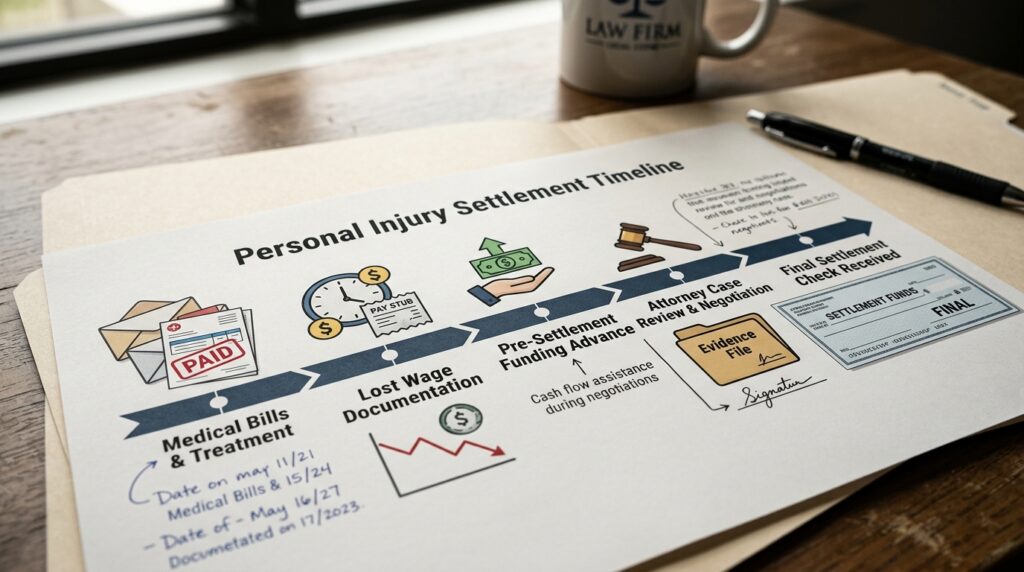 Timeline showing how pre-settlement funding can affect an injury settlement